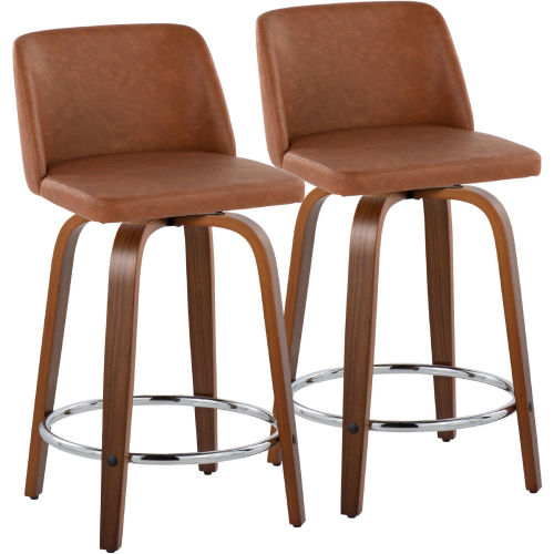 Toriano 24" Swivel Counter Stool in Walnut Wood & Camel Leatherette with Chrome Footrest (Set of 2)